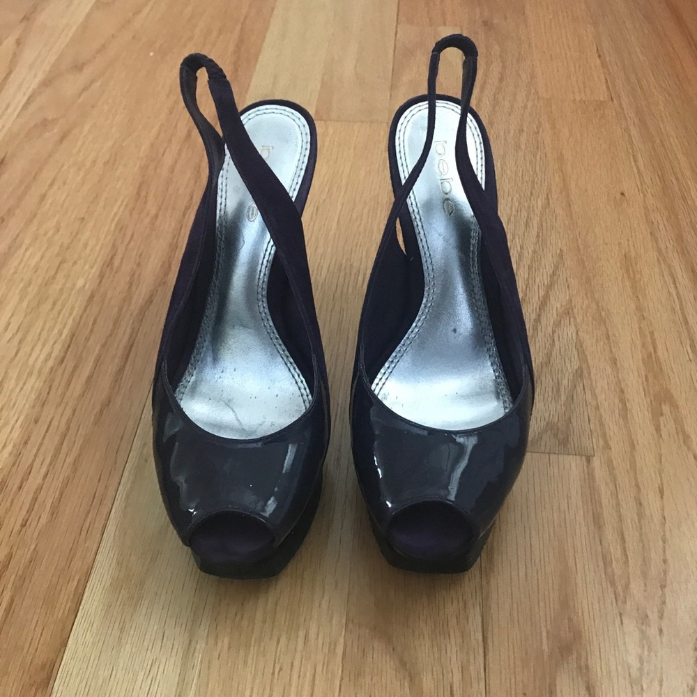 bebe  patent leather peep-toe slingback heels